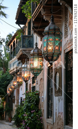 ethnic lamps hanging from the roof of the old city in the style of Arabic architecture 117692518