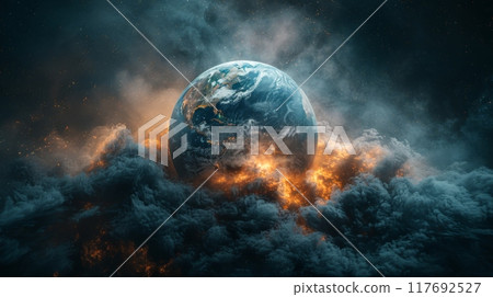 Earth partially shrouded in a thick cloud of pollution, Earth partially shrouded in a thick cloud of pollution, 117692527