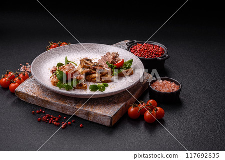 Variation of several toasts or bruschetta with prosciutto, mushrooms and veal 117692835