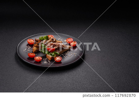 Variation of several toasts or bruschetta with prosciutto, mushrooms and veal 117692870
