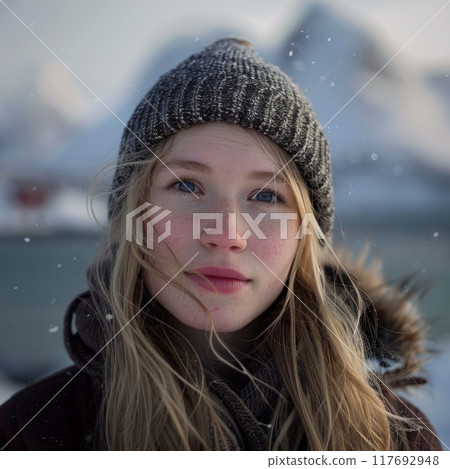 Realistic photo portrait of a Scandinavian girl against the backdrop of Lofoten. 117692948