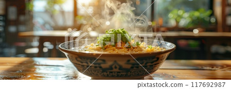 bowl of steaming ramen stands on a table in a Japanese cafe 117692987
