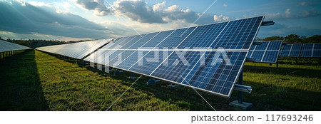 solar panels in field at photovoltaic power station, depicting green energy. solar panels in field at photovoltaic power station, depicting green energy. 117693246