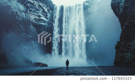 Beautiful waterfall in Iceland waterfall, a man standing under the majestic waterfall. 117693325