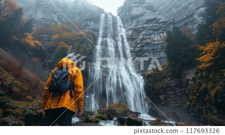 Beautiful waterfall in Iceland waterfall, a man standing under the majestic waterfall. 117693326