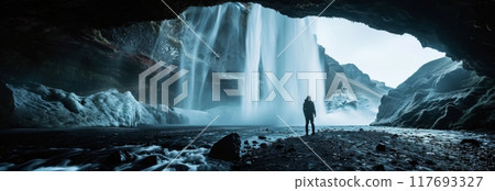 Beautiful waterfall in Iceland waterfall, a man standing under the majestic waterfall. 117693327