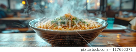 bowl of steaming ramen stands on a table in a Japanese cafe 117693371