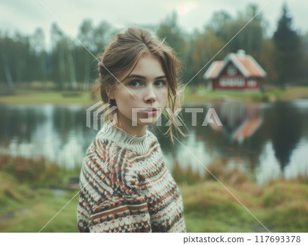 Realistic photo of a Scandinavian girl in a sweater against the backdrop of Scandinavian nature and lake. 117693378