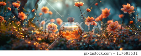 Perfume bottle in different floral backgrounds, magical atmosphere and beautiful light Perfume bottle in different floral backgrounds, magical atmosphere and beautiful light 117693531