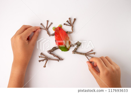 A hand placing final piece of creative arrangement craft frog made from natural materials on white background, everyday items into artistic animal representation. Creativity and resourcefulness A hand placing final piece of creative arrangement craft frog made from natural materials on white background, everyday items into artistic animal representation. Creativity and resourcefulness 117693633