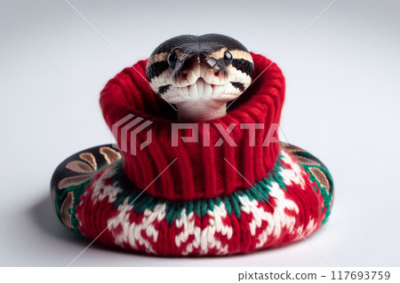A snake wearing a cozy Christmas sweater, blending wild nature with festive charm in an amusing and quirky scene 117693759