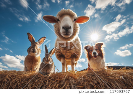 Generated image sheep, rabbit, dog, cat standing on a pile of hay, pet in full length, front view, low angle shot, against a blue sky, sunny day, Generated image sheep, rabbit, dog, cat standing on a pile of hay, pet in full length, front view, low angle shot, against a blue sky, sunny day, 117693767