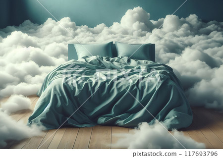 green bedroom setting, fluffy clouds around, casting a dreamy atmosphere. 117693796