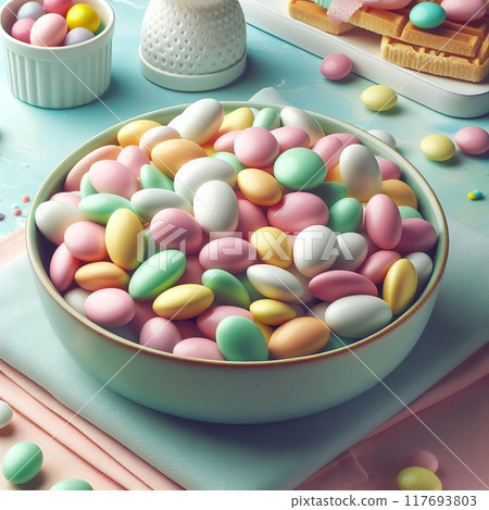 A candy-filled bowl graces a tabletop in this pastel-themed, smooth oval-shaped candy, pearlized effect, high angle in a close-up shot, snack-related content, recipes, A candy-filled bowl graces a tabletop in this pastel-themed, smooth oval-shaped candy, pearlized effect, high angle in a close-up shot, snack-related content, recipes, 117693803