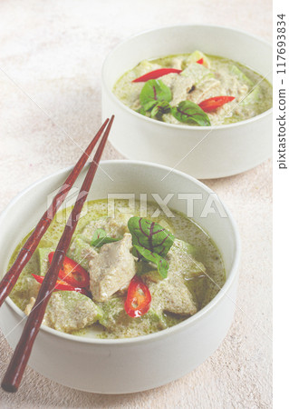 green curry with chicken, traditional Thai cuisine, Asian food, homemade, no people, 117693834