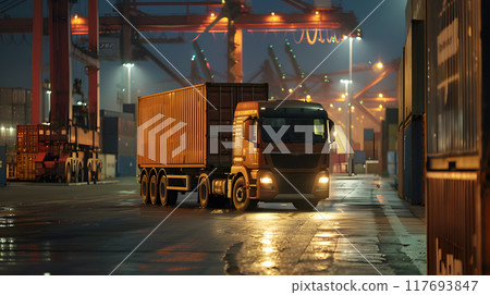 Truck trailer on the pier in the cargo port terminal with cranes and containers. AI Generated 117693847