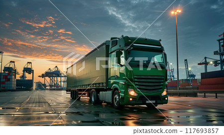 Truck trailer on the pier in the cargo port terminal with cranes and containers. AI Generated 117693857