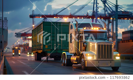 Truck trailer on the pier in the cargo port terminal with cranes and containers. AI Generated 117693862