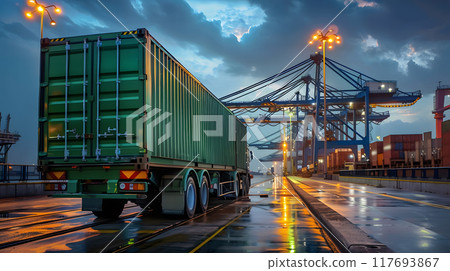 Truck trailer on the pier in the cargo port terminal with cranes and containers. AI Generated 117693867