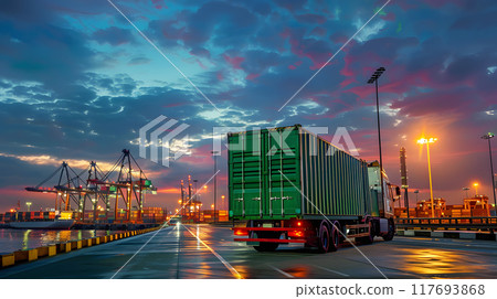 Truck trailer on the pier in the cargo port terminal with cranes and containers. AI Generated 117693868