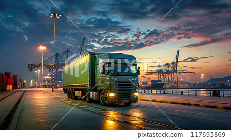 Truck trailer on the pier in the cargo port terminal with cranes and containers. AI Generated 117693869