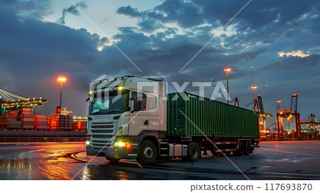 Truck trailer on the pier in the cargo port terminal with cranes and containers. AI Generated Truck trailer on the pier in the cargo port terminal with cranes and containers. AI Generated 117693870