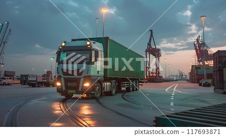 Truck trailer on the pier in the cargo port terminal with cranes and containers. AI Generated Truck trailer on the pier in the cargo port terminal with cranes and containers. AI Generated 117693871