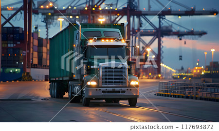 Truck trailer on the pier in the cargo port terminal with cranes and containers. AI Generated 117693872