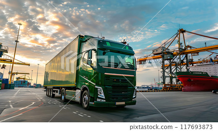 Truck trailer on the pier in the cargo port terminal with cranes and containers. AI Generated 117693873
