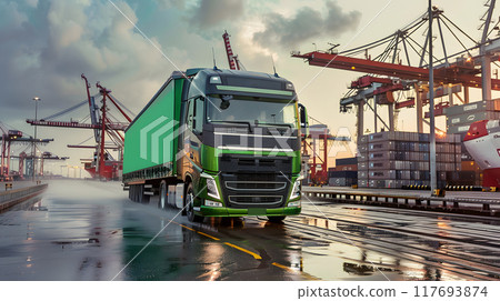 Truck trailer on the pier in the cargo port terminal with cranes and containers. AI Generated 117693874