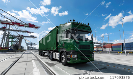 Truck trailer on the pier in the cargo port terminal with cranes and containers. AI Generated 117693876