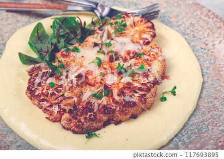 cauliflower steak, with mashed potatoes, spices and herbs, homemade, no people, 117693895
