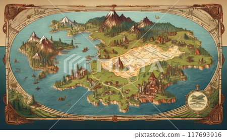 Illustration A of an old-fashioned fantasy map for RPGs etc. 117693916