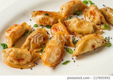 japanese fried gyoza dumplings, with pork, sesame seeds, green onions, 117693942