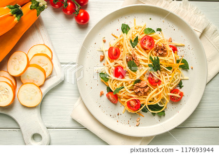 yellow zucchini salad, with cherry, vegetarian food, sliced into strips, homemade, yellow zucchini salad, with cherry, vegetarian food, sliced into strips, homemade, 117693944