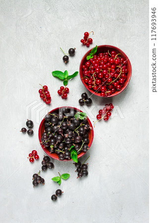 bowls with berries, black and red currants, top view, food concept, no people, 117693946
