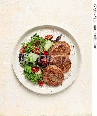 fried cutlets, minced beef, with vegetable salad, top view, no people, fried cutlets, minced beef, with vegetable salad, top view, no people, 117693963