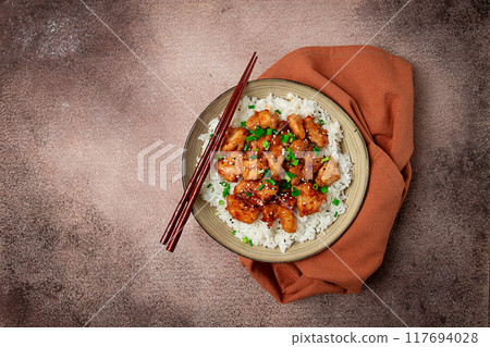 fried chicken teriyaki with rice, green onion and sesame, homemade, no people, 117694028
