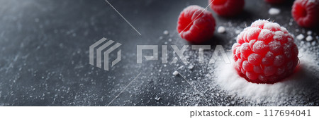 raspberries powdered sugar, dark, no text, 117694041