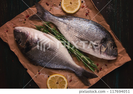 Fresh, Raw Dorado fish, Top view, Horizontal, no people, Fresh, Raw Dorado fish, Top view, Horizontal, no people, 117694051