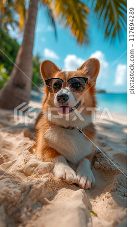 corgi on the beach summer vacation 117694289