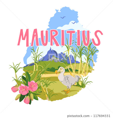 Sugar cane fields with famous mount pieter both on mauritius map. Dodo endemic extinct bird, typical plant mauritiustrochetia boutoniana national symbol of the island. Vector landmarks in flat style. 117694331