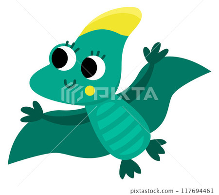 Vector baby pterodactyl icon. Cute little dinosaur with wings illustration for kids. Funny dino kid clipart for children isolated on white. Cartoon prehistoric animal picture. Flying green pterosaur Vector baby pterodactyl icon. Cute little dinosaur with wings illustration for kids. Funny dino kid clipart for children isolated on white. Cartoon prehistoric animal picture. Flying green pterosaur 117694461
