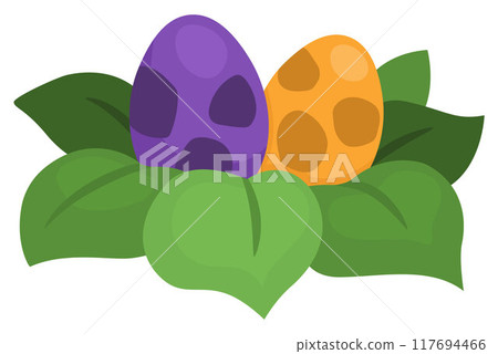 Vector flat bird or dinosaur nest with eggs icon. Farm, Easter or prehistoric illustration isolated on white background. Cute spring picture for kids. Animal eggs in leaves Vector flat bird or dinosaur nest with eggs icon. Farm, Easter or prehistoric illustration isolated on white background. Cute spring picture for kids. Animal eggs in leaves 117694466