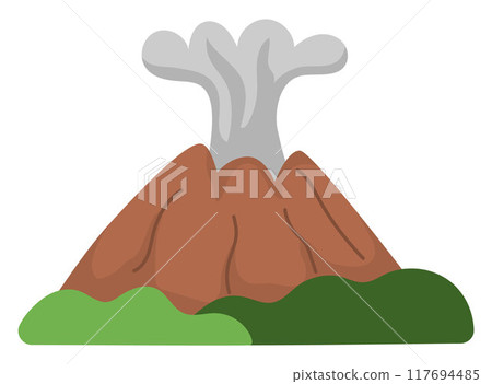 Vector erupting or exploding volcano mountains with smoke illustration. Rocks icon isolated on white background. Prehistoric nature scenery picture. Dinosaur land element 117694485