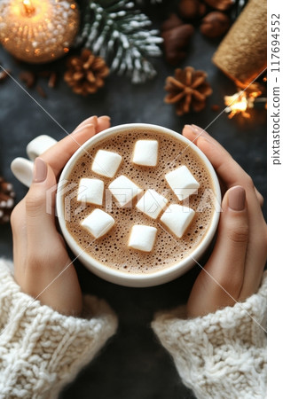 Warm holiday hot chocolate topped with marshmallows and cookies on a festive table 117694552