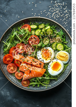 Healthy salad bowl with salmon, fresh vegetables, and boiled eggs on a gray background 117694553