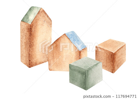 Eco baby toys constructor. Composition of Wooden cubes and houses. Watercolor hand drawn illustration in vintage style isolated on white background. Clip art for kids products, shop advertisement Eco baby toys constructor. Composition of Wooden cubes and houses. Watercolor hand drawn illustration in vintage style isolated on white background. Clip art for kids products, shop advertisement 117694771