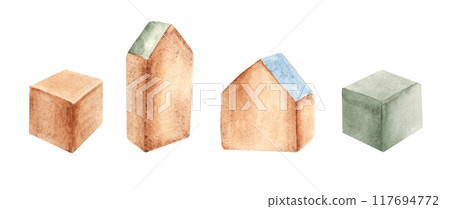 Set of Wooden cubes and houses. Eco baby toys. Watercolor hand drawn illustration in blue, green and beige tone isolated on white background. Design element for kids products, cards or posters. Set of Wooden cubes and houses. Eco baby toys. Watercolor hand drawn illustration in blue, green and beige tone isolated on white background. Design element for kids products, cards or posters. 117694772