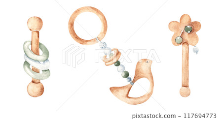Set of Wooden Eco Baby Toys. Rattles and Teether. Watercolor hand drawn illustration in blue, green and beige tones isolated on white background. Clip art for Kids goods, tags, Baby Shower invitations 117694773